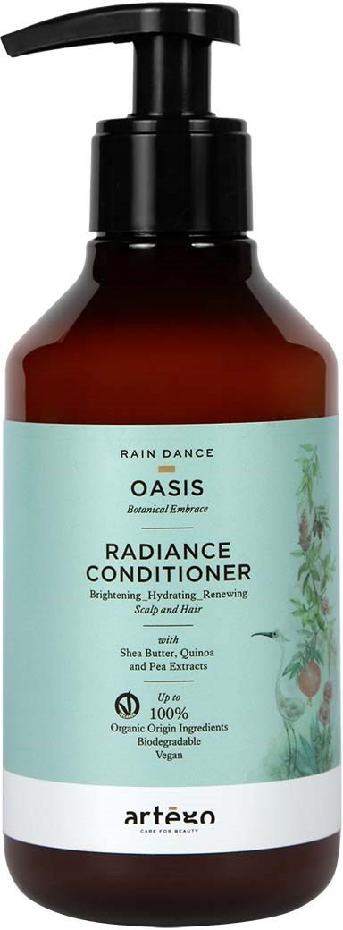 A brown bottle with a pump contains Radiance Conditioner with plant ingredients and organic labels.