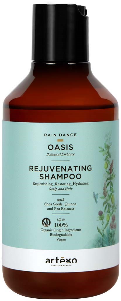 A brown bottle with a light blue label promoting Rejuvenating Shampoo with natural ingredients and vegan formula.
