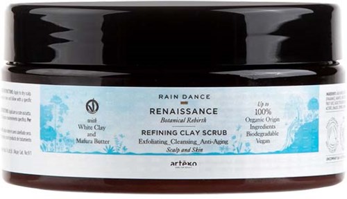 A black jar with a blue and white label for refining clay scrub with active ingredients, scent, and benefits.