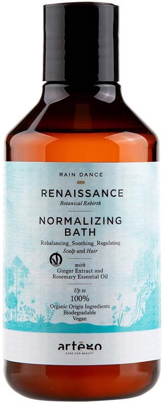 A brown bottle with a black cap labeled Renaissance Normalizing Bath for scalp and hair, containing natural ingredients.