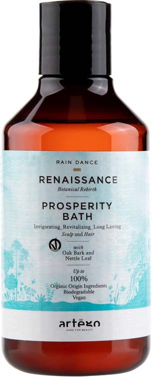 A brown bottle with a light blue and white label features black cap, and text about a bath product with natural ingredients.
