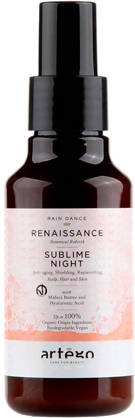 A brown spray bottle with a black cap and a white label, labeled Artego Renaissance Sublime Night skincare product.