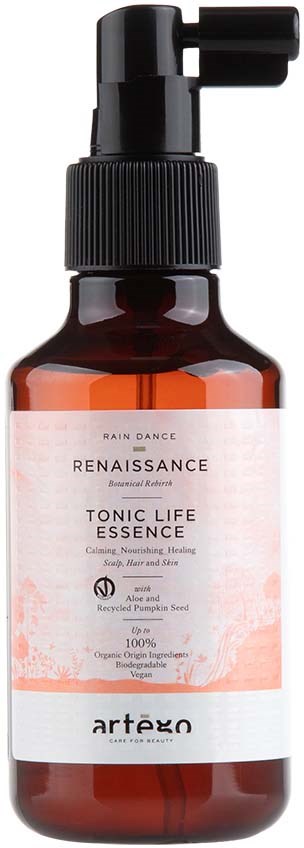 A brown bottle with a black pump containing Tonic Life Essence, labeled as natural and organic, by Artego.
