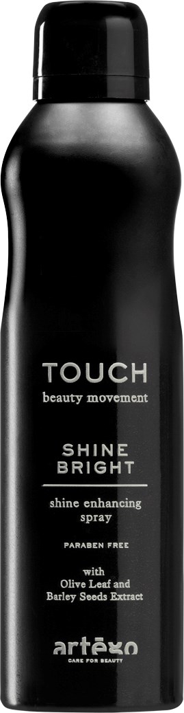 En svart flaska med shine bright-glansförstärkande spray med olivblad och kornbladsutdrag. Parabenfri.