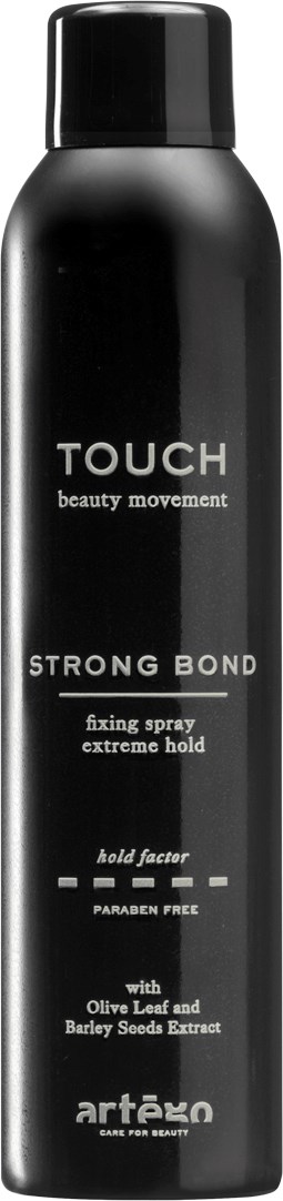 Black spray can with white text, label says TOUCH, strong bond, fixing spray, paraben free, with olive leaf and barley seed.