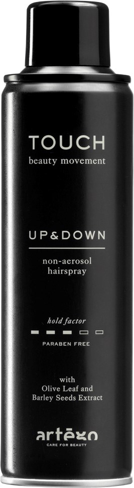 A black spray bottle labeled "TOUCH" with product details and ingredients listed on it.