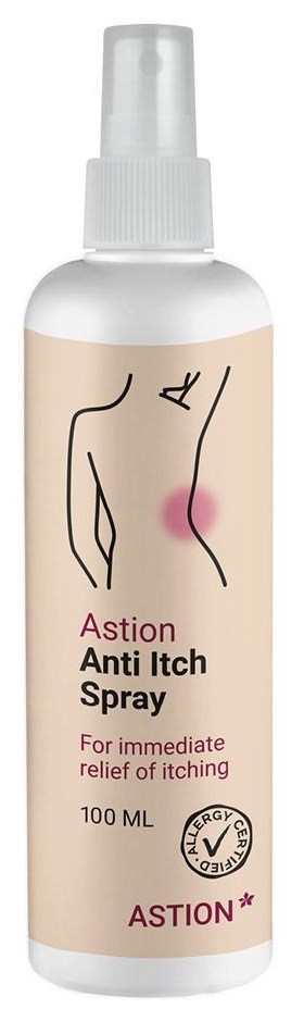 A white spray bottle labeled 'Astion Anti Itch Spray' for quick relief from itching, with a simple design and illustration.