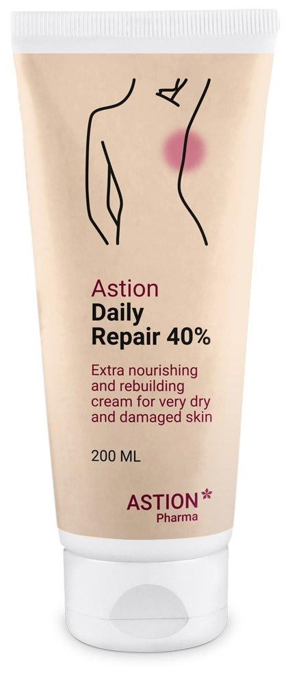 A beige tube with black, pink, and red text for skin repair cream, showing minimal line art of a torso, 200 ML.
