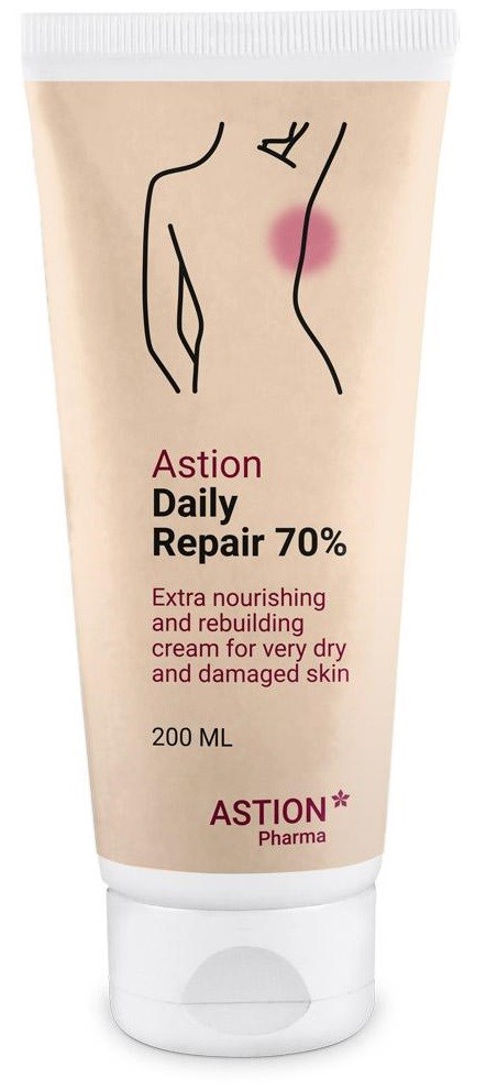 A beige tube of skin cream, labeled "Astion Daily Repair 70%", with simple black line art and pink dot, 200 ml.