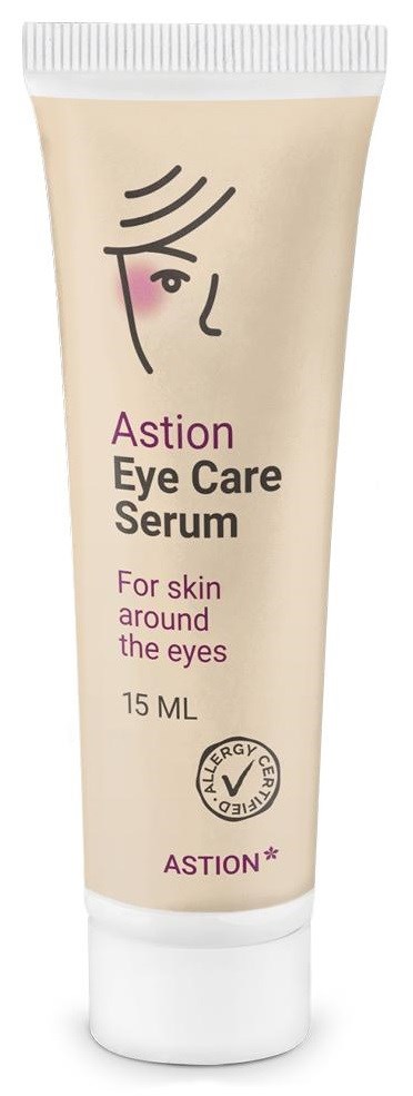 A tube of eye care serum with text and simple line drawing of a face near the eye.