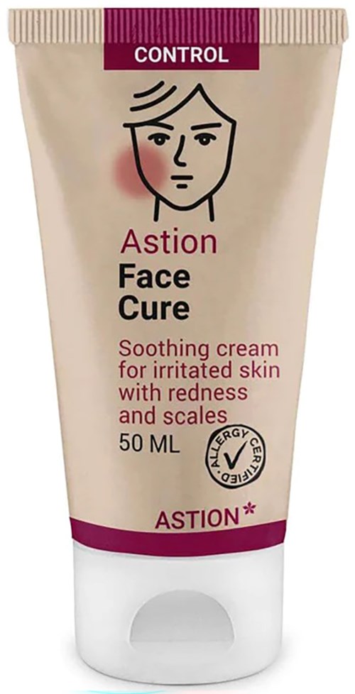 A beige tube with purple and black text, a simple line drawing of a face, and pink cheeks. It is face cream.
