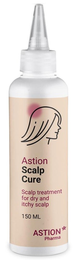 A white bottle with a nozzle, labeled Astion Scalp Cure for dry, itchy scalps, 150 ML.