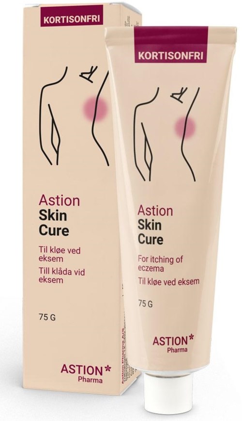 A tube and box of Astion Skin Cure for eczema with simple illustrations and pink accents.