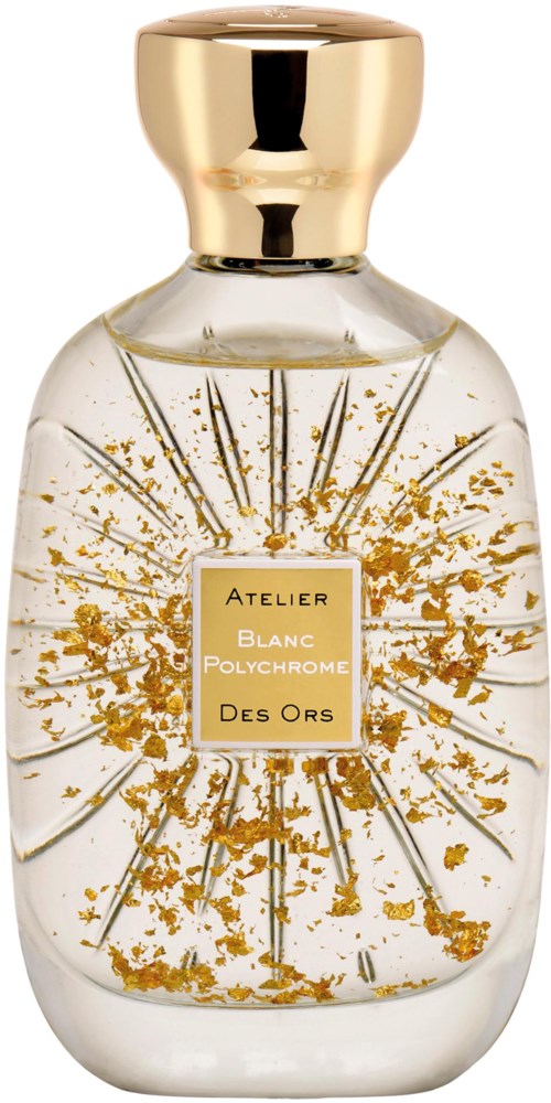 A clear perfume bottle with gold decoration and a gold cap, labeled 'Atelier Blanc Polychrome Des Ors'.