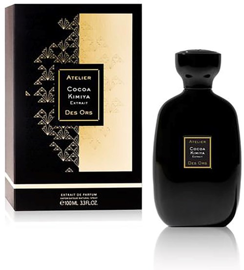 Black perfume bottle with gold and black box, labeled 'Atelier Cocoa Kimiya Extract' and 'Des Ors'.