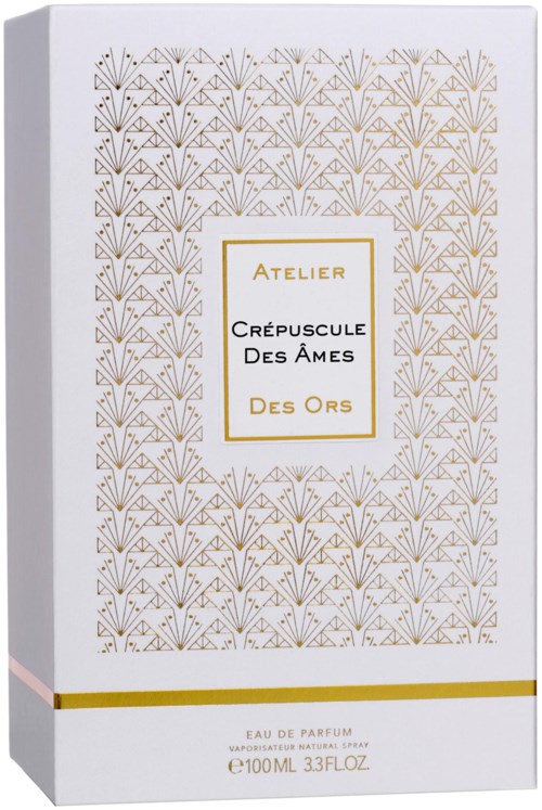 A white perfume box with gold patterns and a label that says "Atelier" and "Crépuscule Des Ames Des Ors".