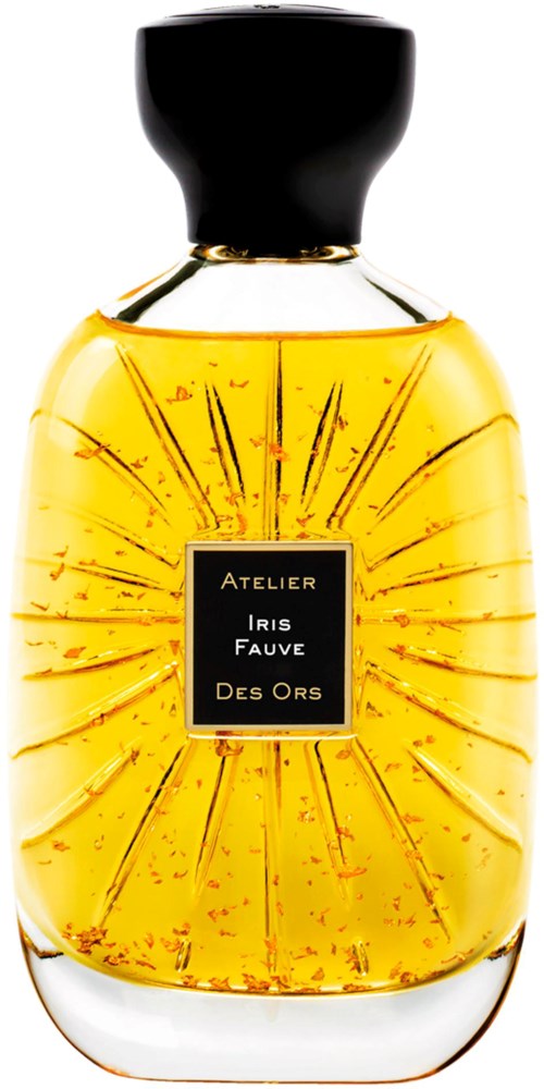 A perfume bottle with a black cap and a yellow liquid, featuring a black label that says Ateler Iris Fauve Des Ors.