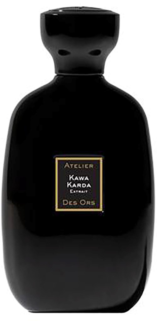 Black perfume bottle with a gold-bordered label and a sleek, rounded shape.