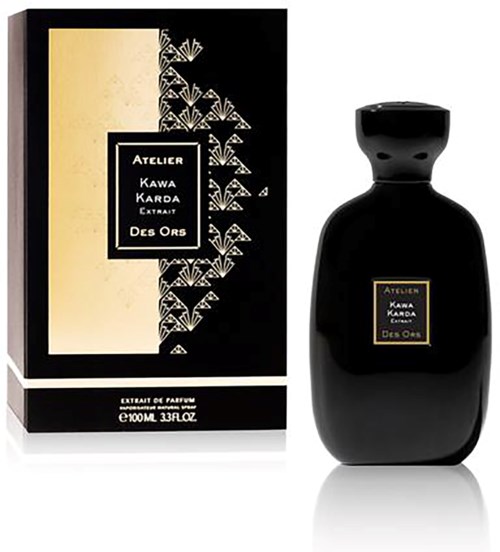 A perfume bottle with a black and gold label, next to its black and gold packaging box, elegant design.