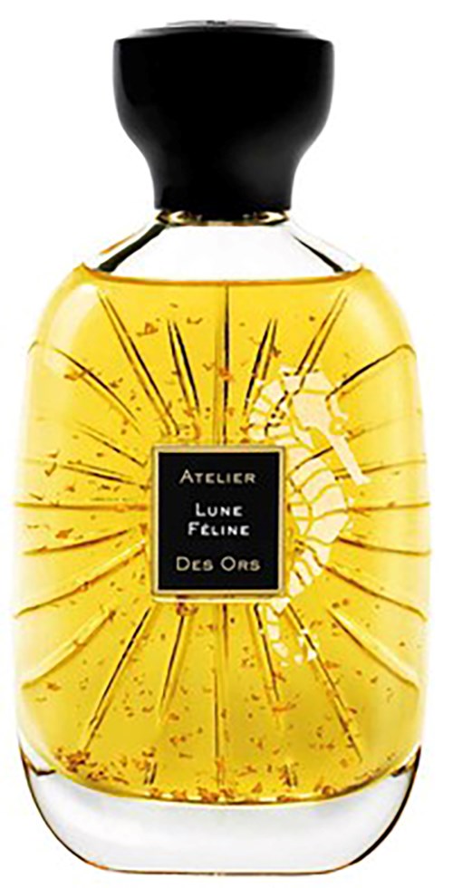 A perfume bottle with a black cap, filled with yellow liquid, and a black label with white text.
