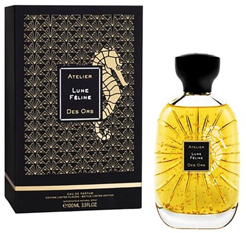A perfume bottle with a black cap and a gold-colored liquid, artwork with a black background, and a gold seahorse illustration.
