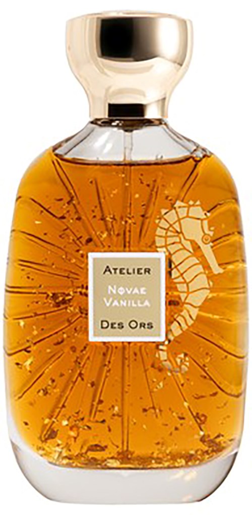 A perfume bottle with a golden cap, filled with amber-colored liquid, and a label with the words Atelier, Nova Vanilla, Des Ors.