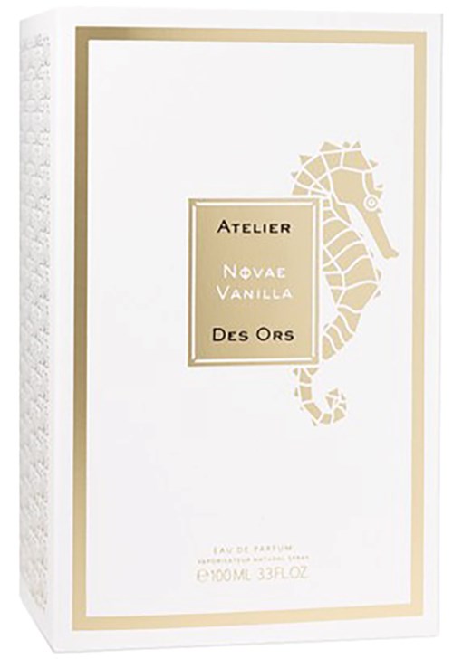 A white box with gold accents and a seahorse illustration, containing perfume named 'Novae Vanilla Des Ors'.