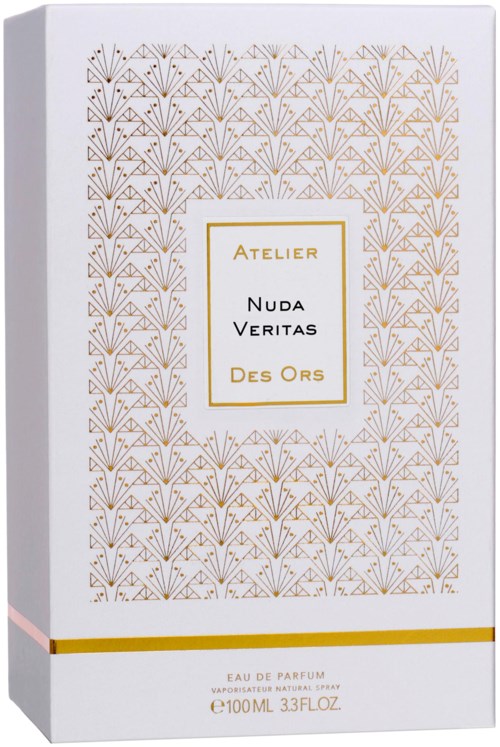 A white box with gold and pink accents, displaying decorative gold patterns and a label with text.

