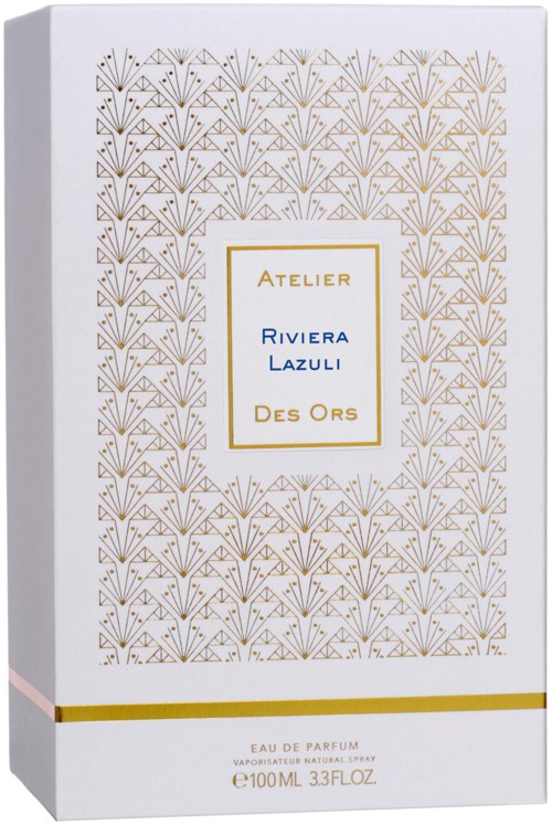 A perfume box with gold and blue details, featuring brand name and elegant design pattern.