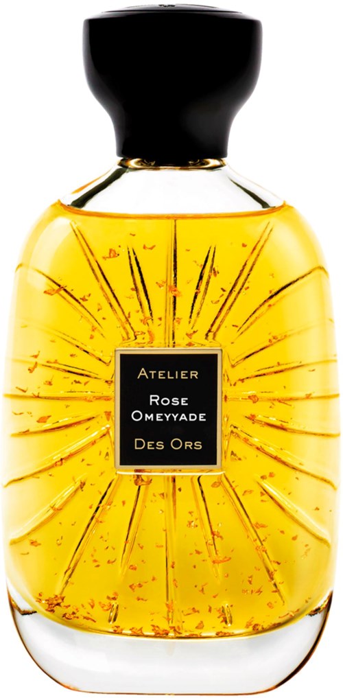 A perfume bottle with a black cap, filled with yellow-orange liquid, features radiating lines and a black label.