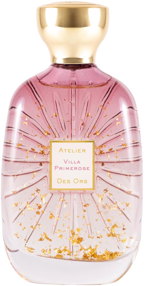 Pink perfume bottle with gold accents and rays design, labeled 'Atelier Villa Primorese Des Ors.'