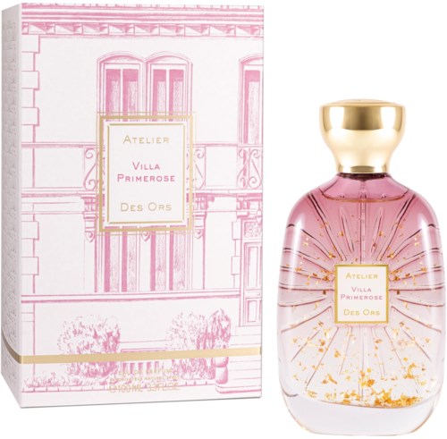 A perfume bottle with pink liquid and gold accents, beside a decorative box with sketch of a building and text.