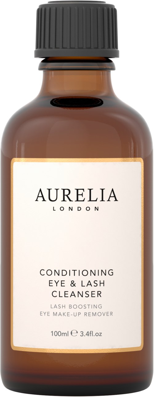 Kleine braune Flasche mit schwarzem Deckel, beschriftet 'Aurelia London', enthält Augen- und Wimpernreiniger.