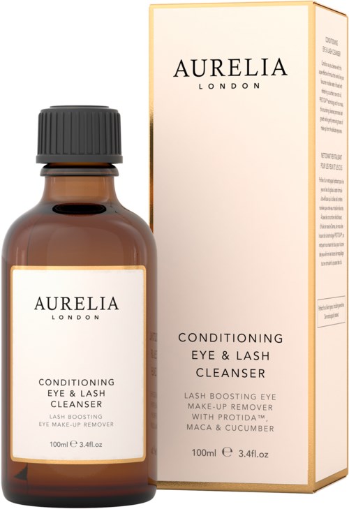 Eine braune Flasche von Aurelia London Augen- und Wimpernreiniger mit weißer und goldener Verpackung.