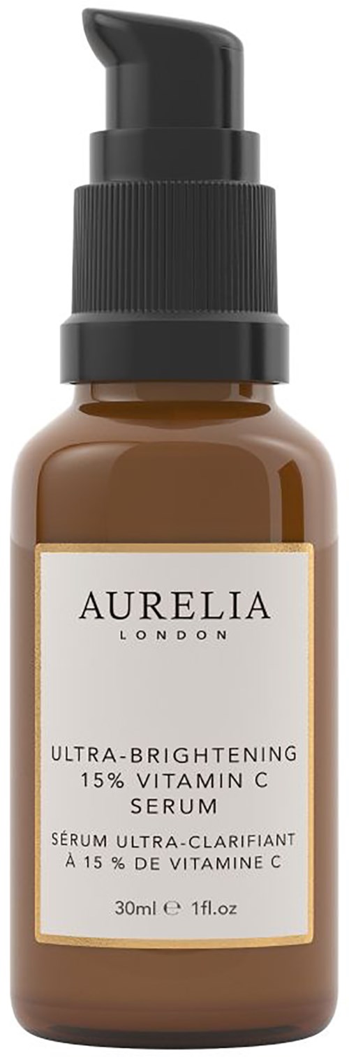 Braune Serumflasche mit schwarzem Pumpkopf, beschriftet mit 'AURELIA LONDON' und Serum-Informationen.