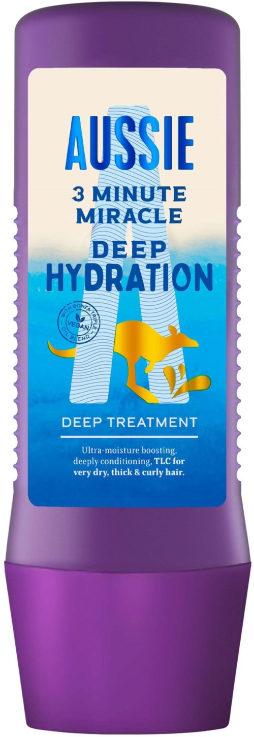 A purple bottle of Aussie deep hydration treatment for very dry, thick, and curly hair. It has a blue and white label.