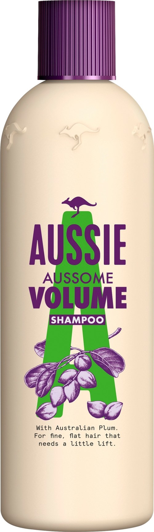 A shampoo bottle with purple cap, label says Aussie Aussie Volume, with an illustration of a purple plant.