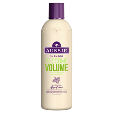 A white bottle with a purple cap, labeled as Aussie shampoo for volume, featuring a purple butterfly on it.