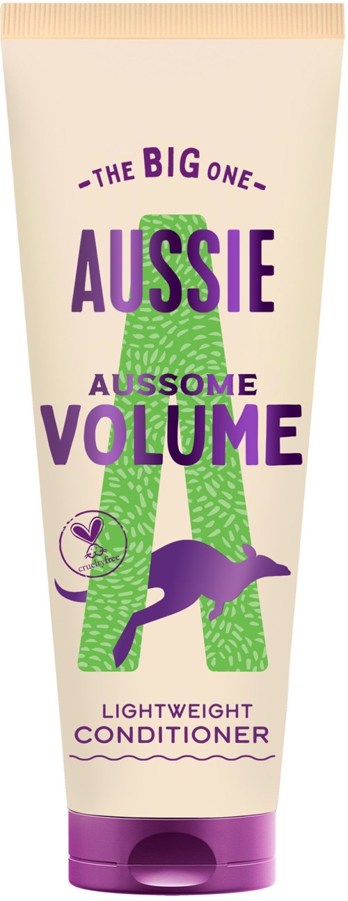 A tube of Aussie lightweight conditioner features purple and green text and a kangaroo illustration.