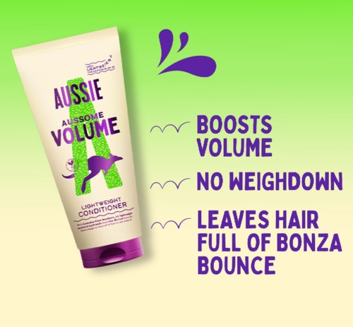 It shows a hair conditioner bottle with benefits: boosts volume, no weigh down, leaves hair full and bouncy.