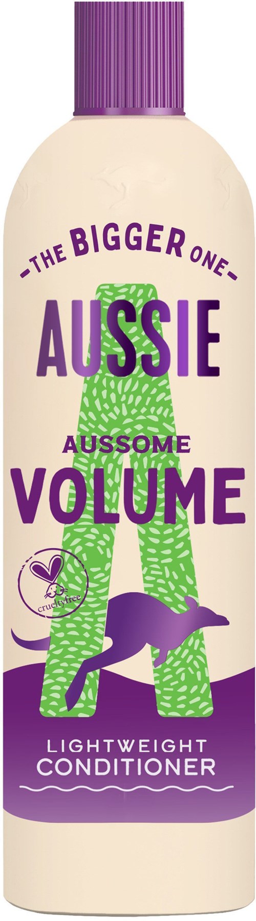 A bottle of lightweight conditioner named Aussie, with a green giraffe on it and purple cap.