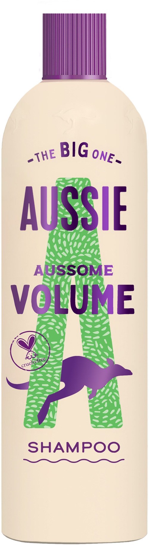 Shampoo bottle with purple cap, green dog, and purple text indicating "Aussie Volume" and "The Big One".