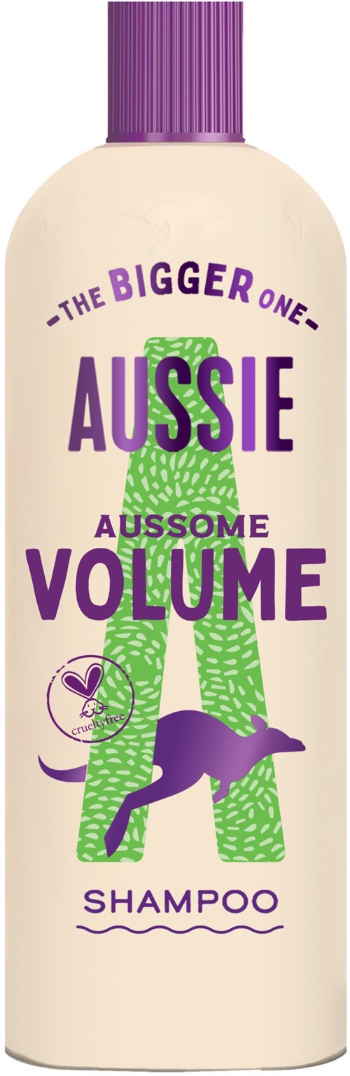 A shampoo bottle labeled 'Aussie' promotes volume and features a purple cap, green and purple text, and a kangaroo graphic.