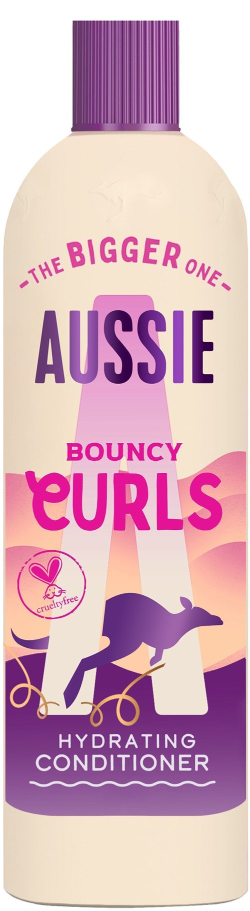 A bottle of Aussie Bouncy Curls hydrating conditioner, purple cap, with illustrations of a dog and pink and purple text.