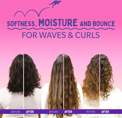 Illustration showing hair before and after treatments for waves and curls, highlighting softness, moisture, and bounce.