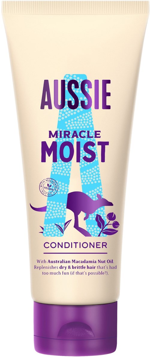 A tube of Aussie Miracle Moist conditioner with Australian Macadamia Nut Oil and illustrated kangaroo.