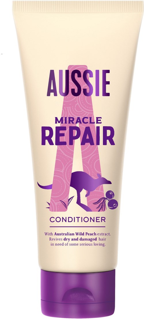A hair conditioner bottle named Aussie Miracle Repair with purple and white colors and a kangaroo illustration.
