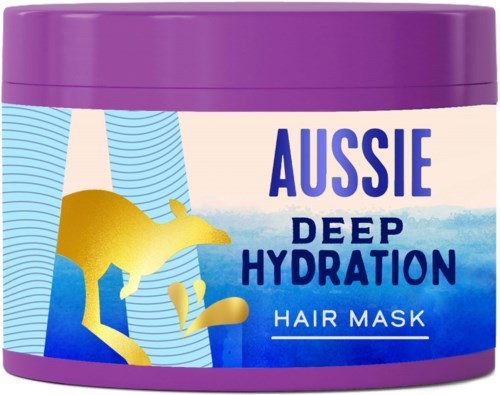 A purple lid container with a label showing a yellow kangaroo, waves, and text for Aussie Deep Hydration Hair Mask.