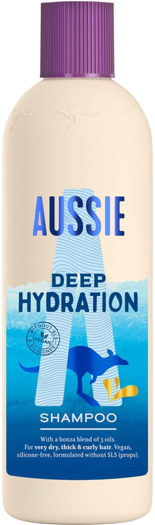 A bottle of Aussie Deep Hydration shampoo with a purple cap, blue and white label, and a kangaroo illustration.