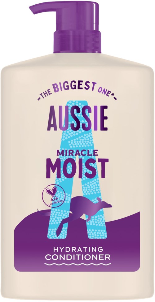 A white bottle with purple pump shows Aussie Moist conditioner, featuring blue and purple graphics and playful text.